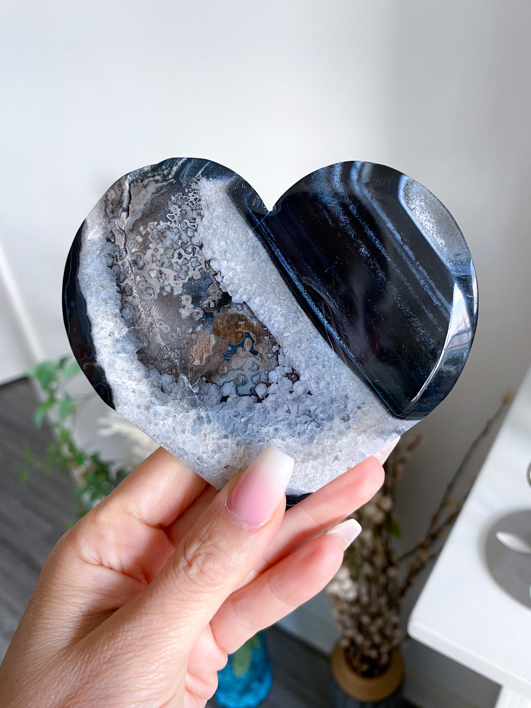 Large Druzy Black Agate Heart on Stand 