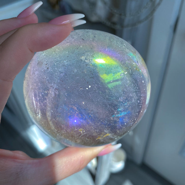 Jumbo Round Rainbow Angel Aura Clear Quartz Palm Stone 