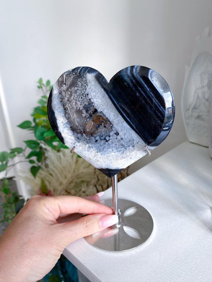 Large Druzy Black Agate Heart on Stand 