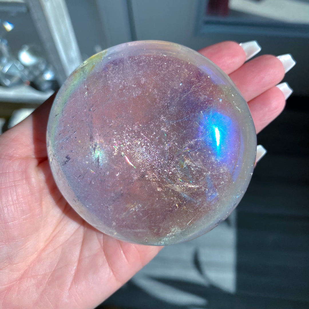 Jumbo Round Rainbow Angel Aura Clear Quartz Palm Stone 
