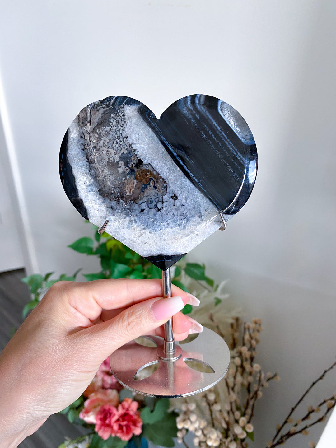 Large Druzy Black Agate Heart on Stand 
