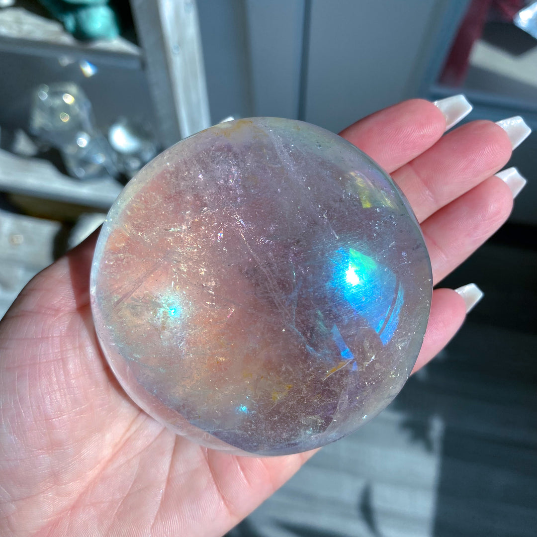 Jumbo Round Rainbow Angel Aura Clear Quartz Palm Stone 