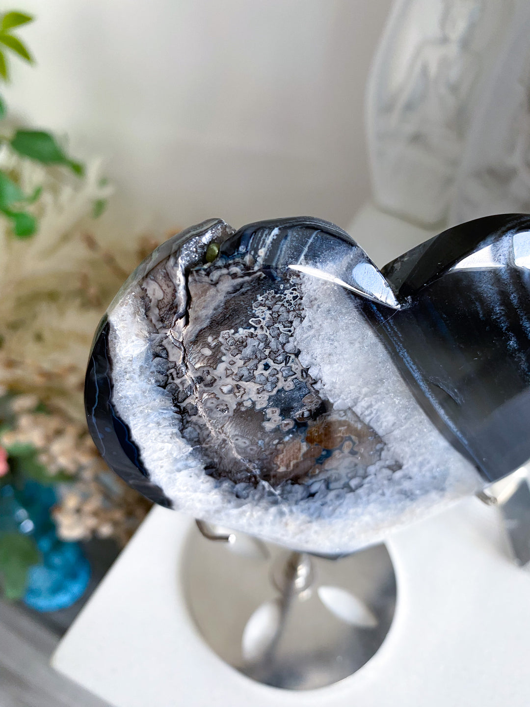 Large Druzy Black Agate Heart on Stand 