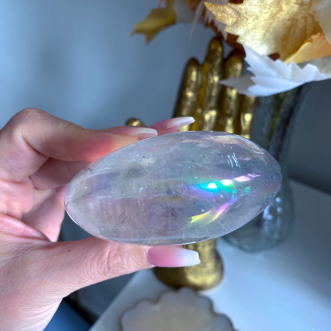 Jumbo Round Rainbow Angel Aura Clear Quartz Palm Stone 