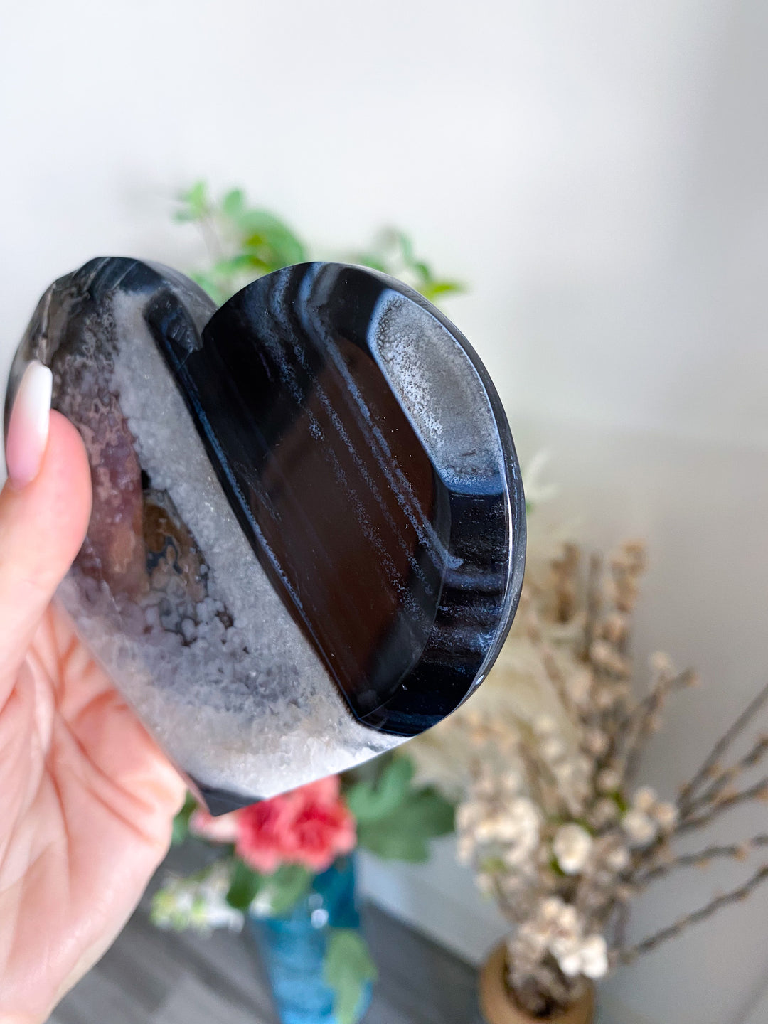 Large Druzy Black Agate Heart on Stand 