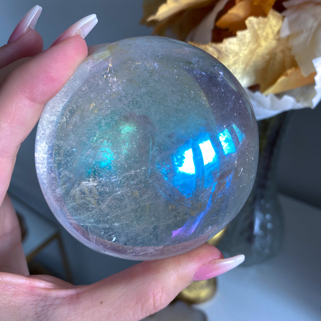 Jumbo Round Rainbow Angel Aura Clear Quartz Palm Stone 