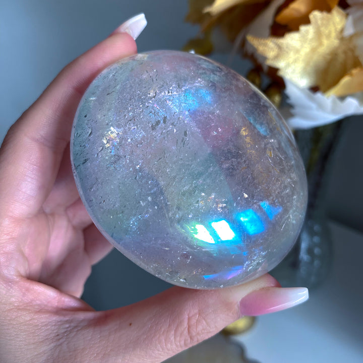 Jumbo Round Rainbow Angel Aura Clear Quartz Palm Stone 