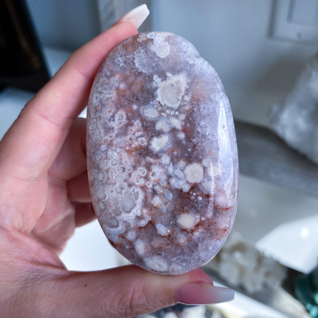 Large Pink Amethyst with Flower Agate Palm 
