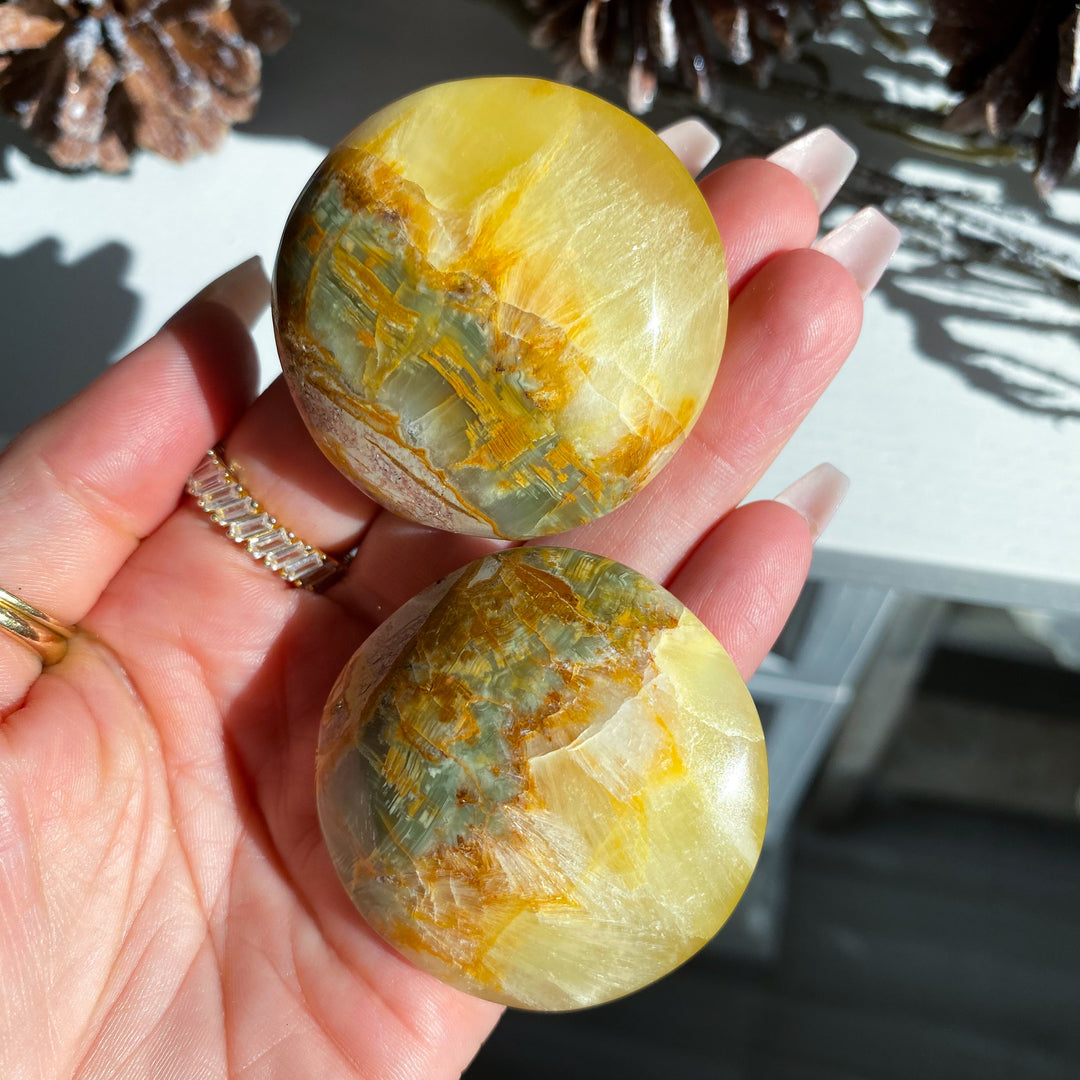 RARE Green Onyx and Yellow Calcite Large Coin
