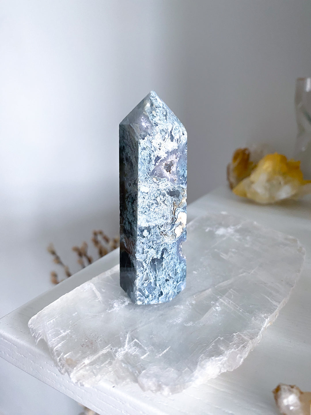 Druzy Green Moss Agate Tower w/ Quartz #4