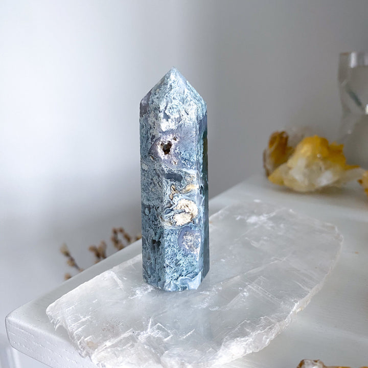 Druzy Green Moss Agate Tower w/ Quartz #4