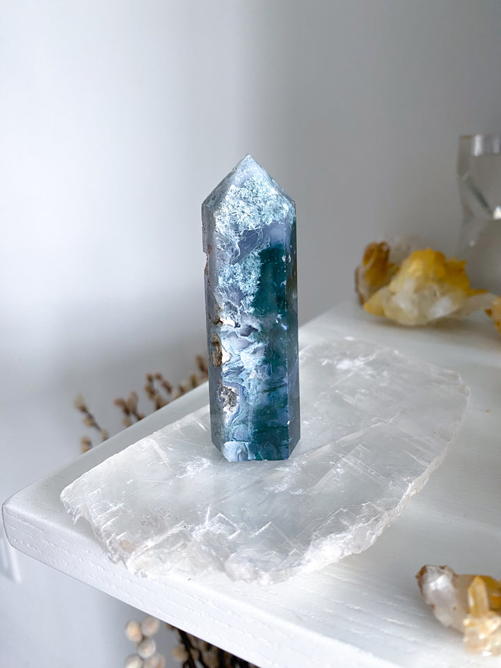 Druzy Green Moss Agate Tower w/ Quartz #4