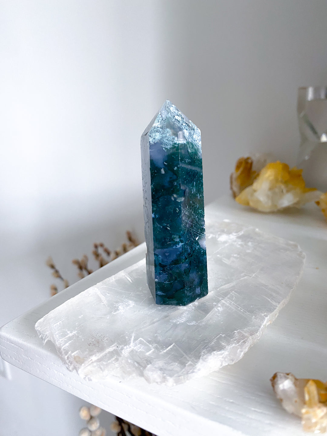 Druzy Green Moss Agate Tower w/ Quartz #4