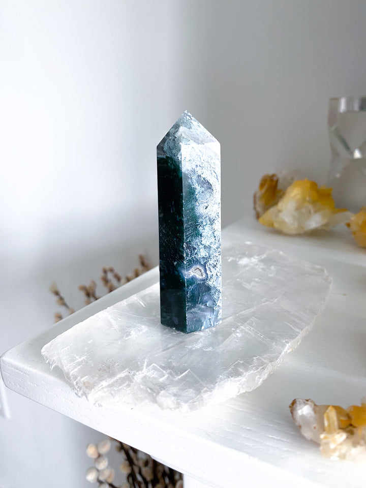 Druzy Green Moss Agate Tower w/ Quartz #4