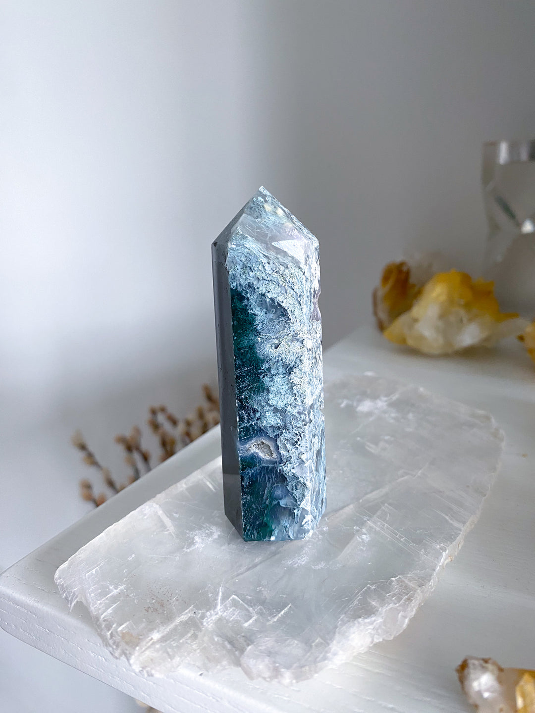 Druzy Green Moss Agate Tower w/ Quartz #4