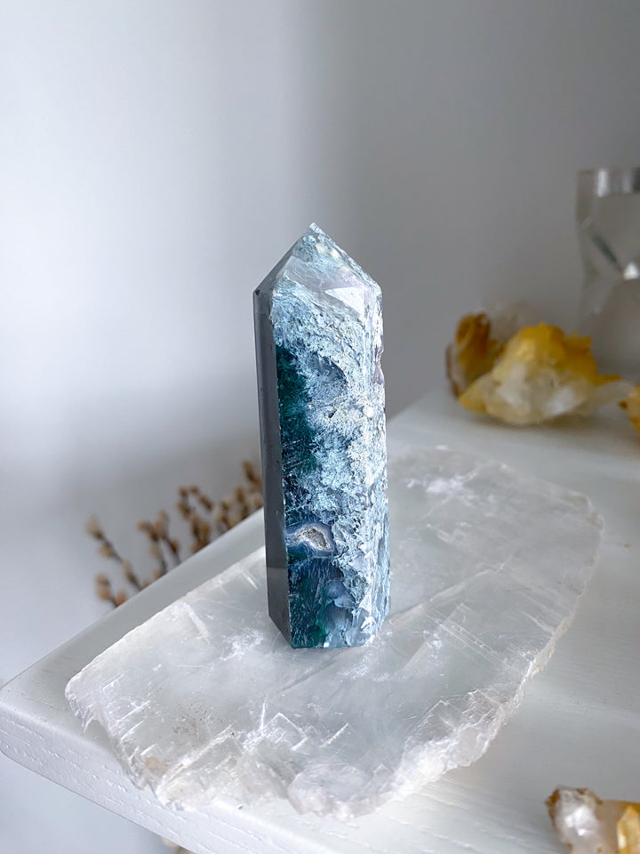 Druzy Green Moss Agate Tower w/ Quartz #4
