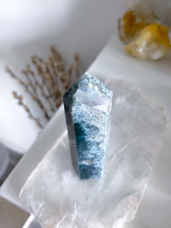 Druzy Green Moss Agate Tower w/ Quartz #4