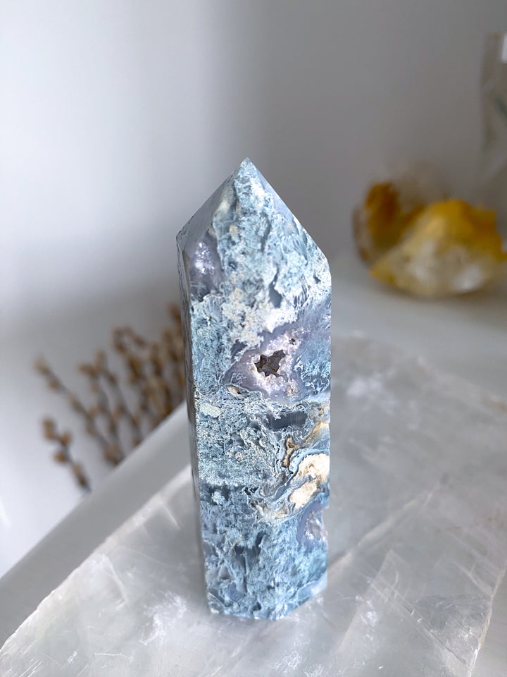 Druzy Green Moss Agate Tower w/ Quartz #4