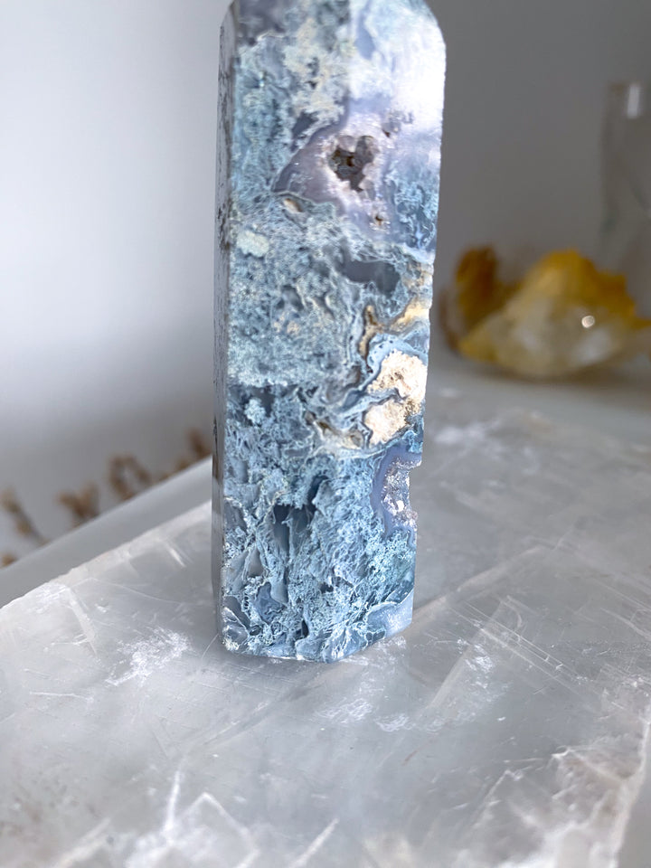 Druzy Green Moss Agate Tower w/ Quartz #4