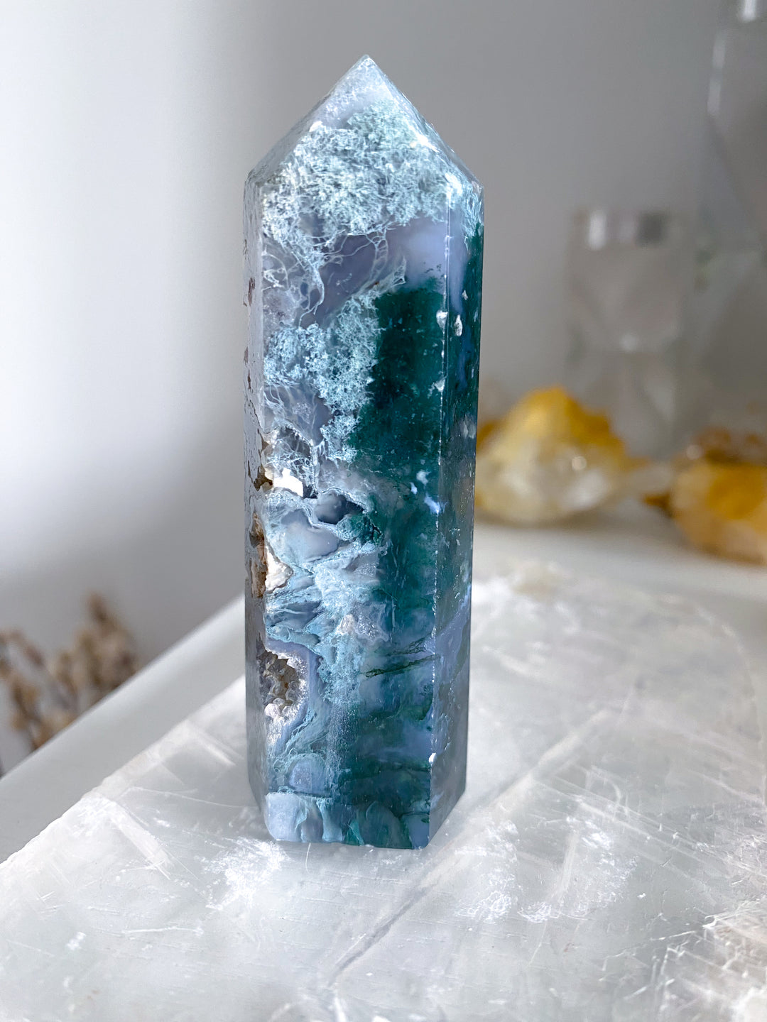 Druzy Green Moss Agate Tower w/ Quartz #4