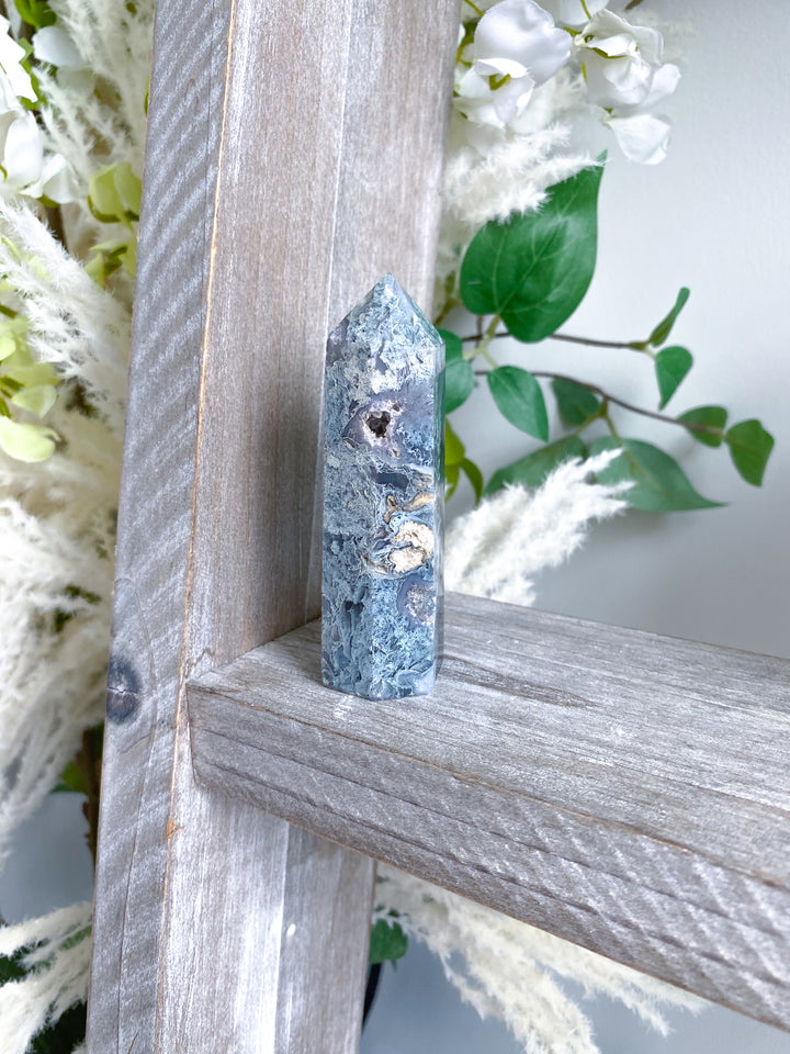 Druzy Green Moss Agate Tower w/ Quartz #4