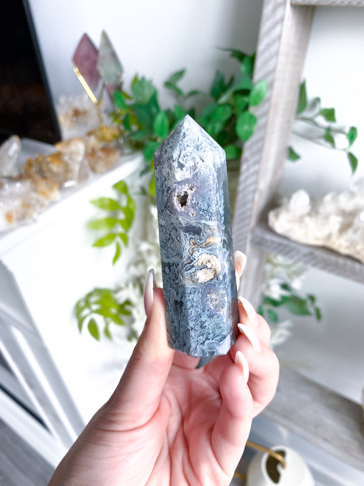 Druzy Green Moss Agate Tower w/ Quartz #4