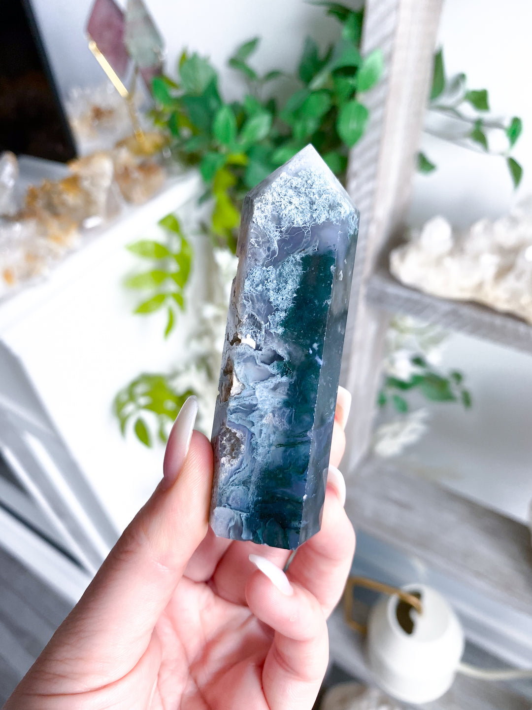 Druzy Green Moss Agate Tower w/ Quartz #4