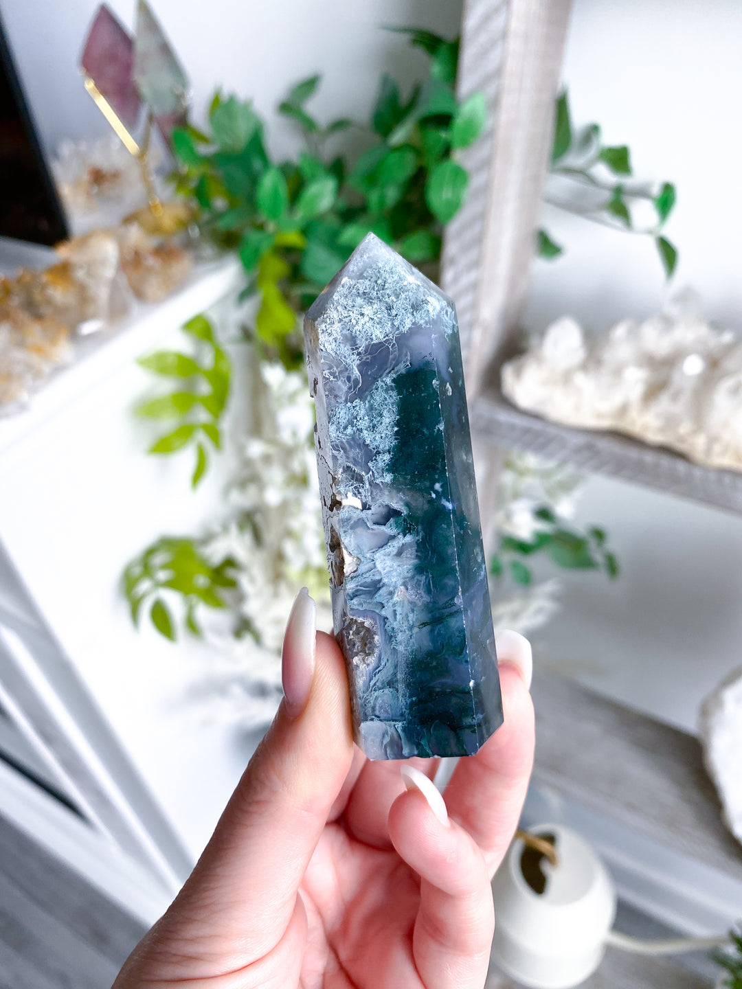 Druzy Green Moss Agate Tower w/ Quartz #4