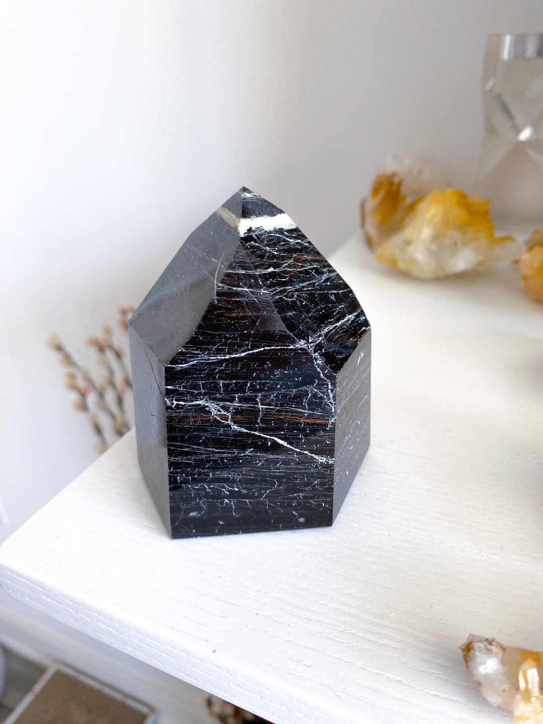 XL Chunky Black Tourmaline 6 Sided Tower with Hematite - Get Exact Item