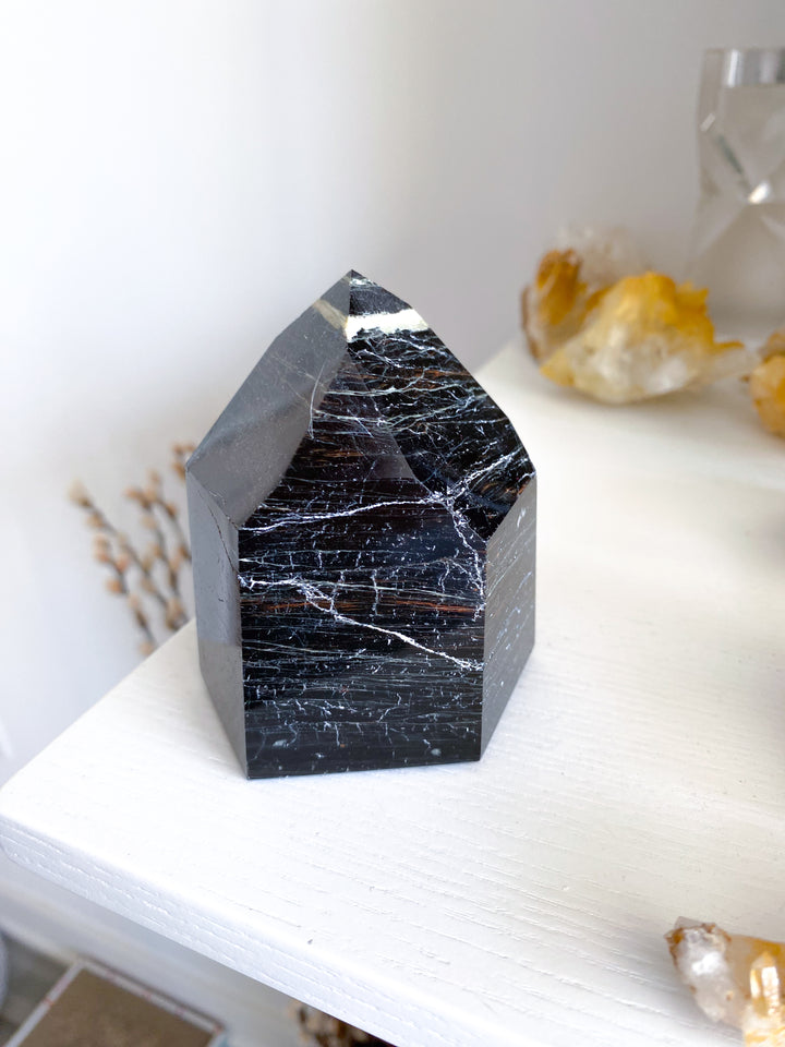XL Chunky Black Tourmaline 6 Sided Tower with Hematite - Get Exact Item