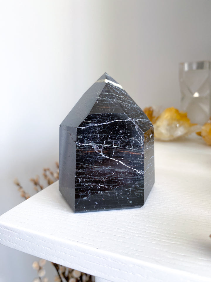 XL Chunky Black Tourmaline 6 Sided Tower with Hematite - Get Exact Item