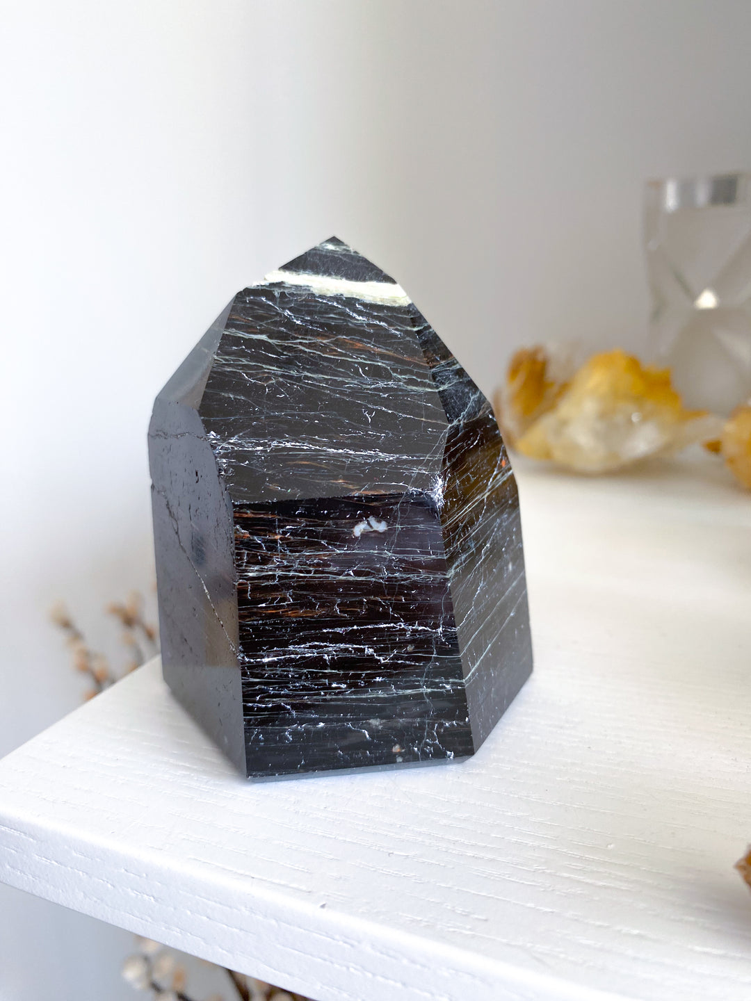 XL Chunky Black Tourmaline 6 Sided Tower with Hematite - Get Exact Item