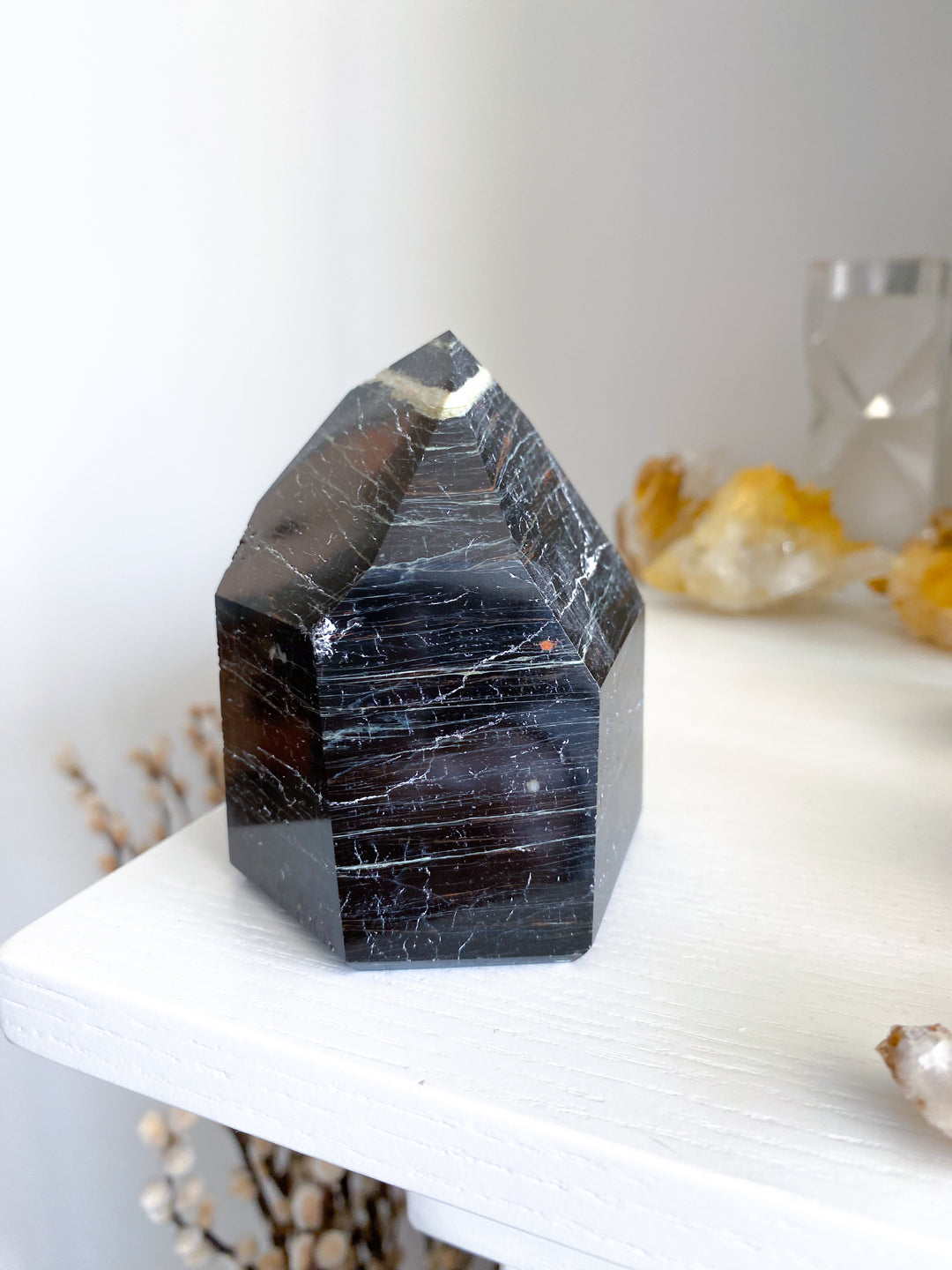 XL Chunky Black Tourmaline 6 Sided Tower with Hematite - Get Exact Item