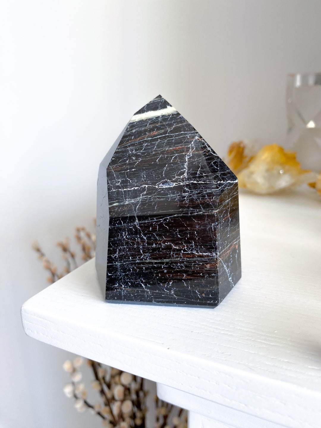 XL Chunky Black Tourmaline 6 Sided Tower with Hematite - Get Exact Item