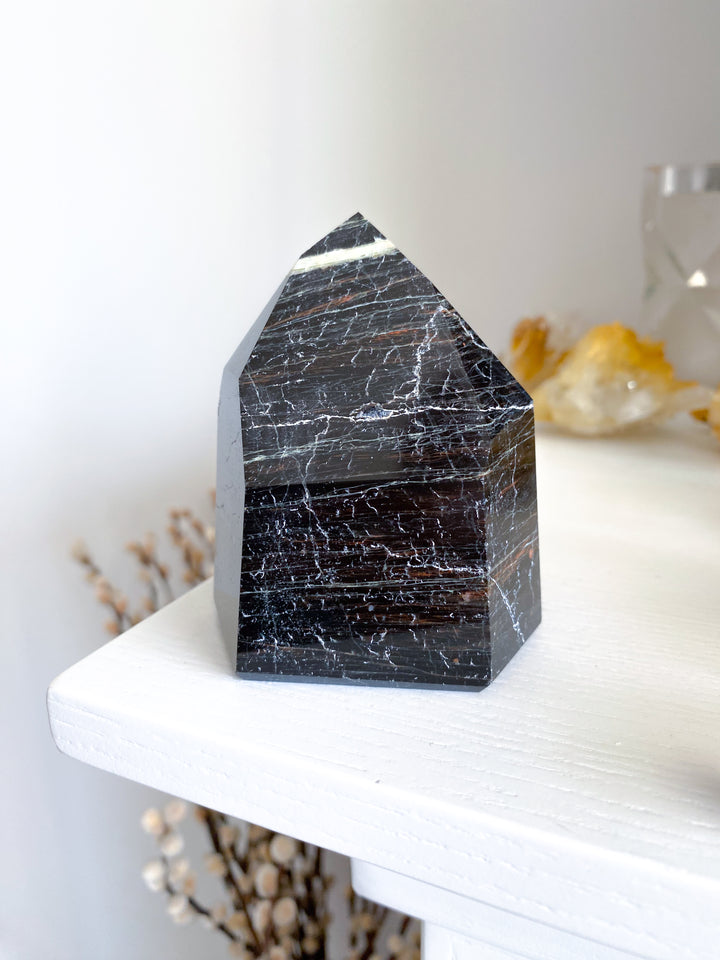 XL Chunky Black Tourmaline 6 Sided Tower with Hematite - Get Exact Item