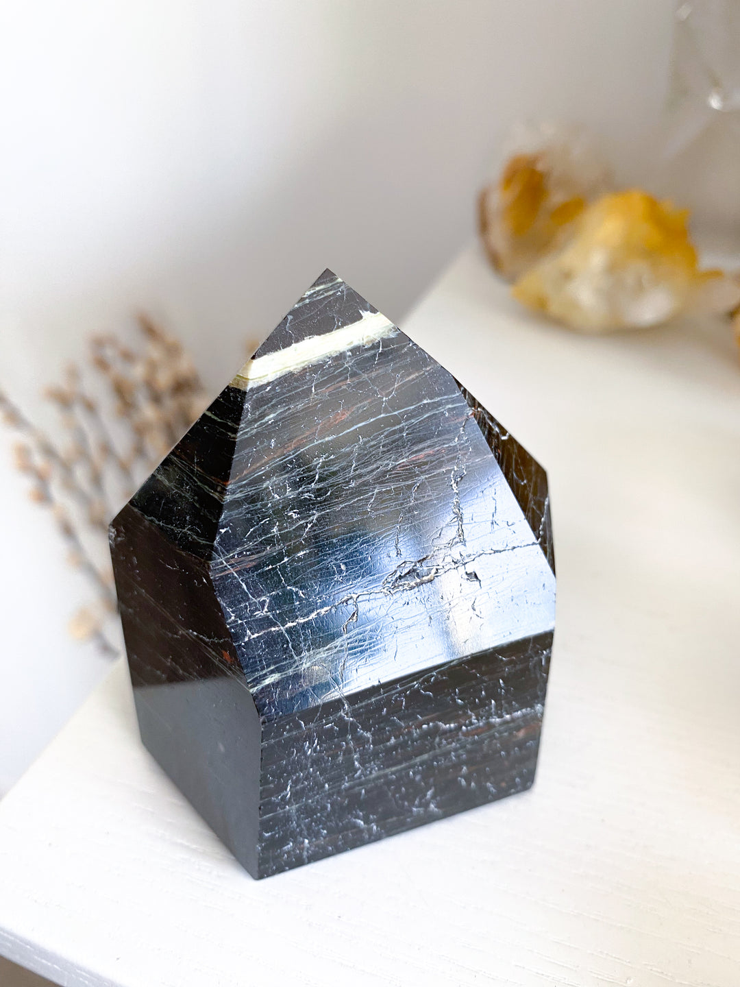 XL Chunky Black Tourmaline 6 Sided Tower with Hematite - Get Exact Item