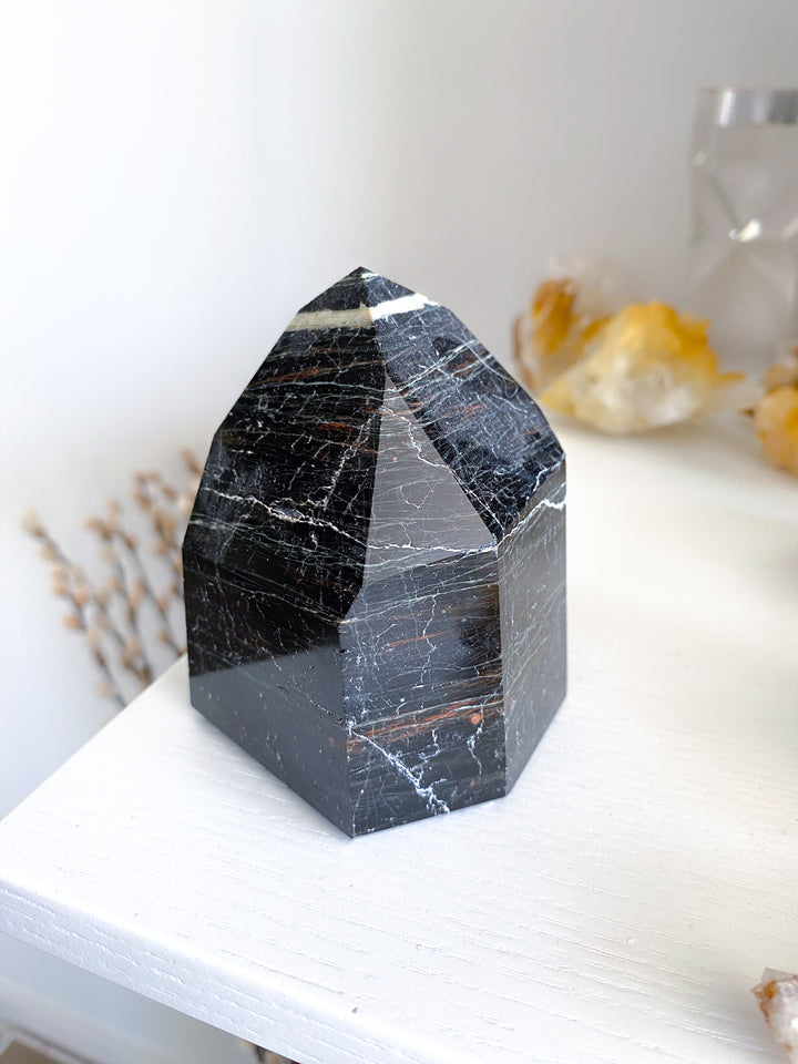XL Chunky Black Tourmaline 6 Sided Tower with Hematite - Get Exact Item