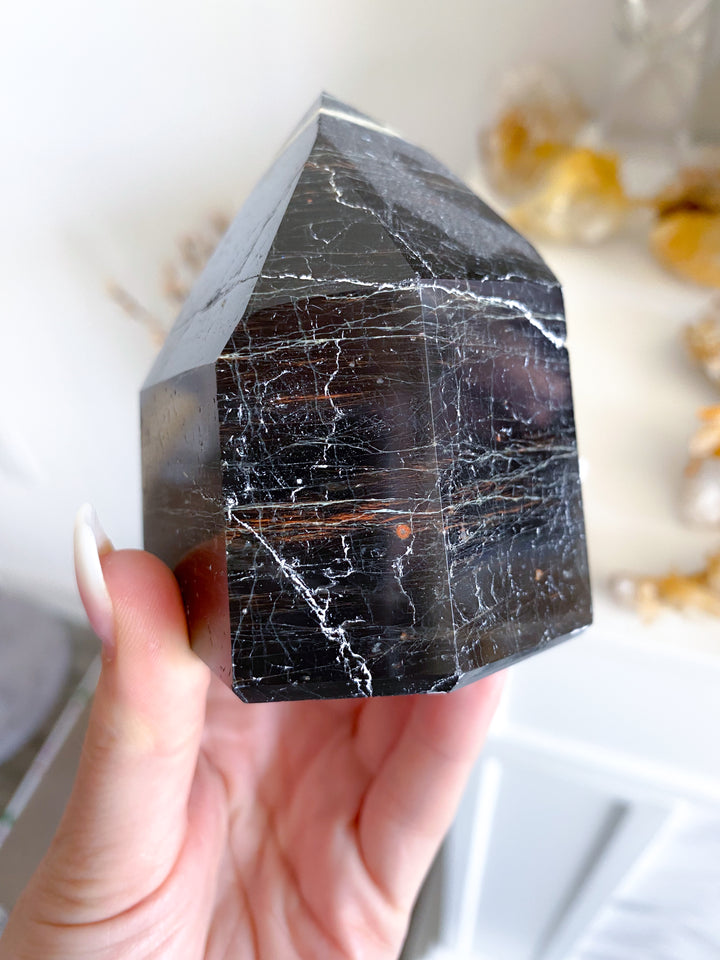 XL Chunky Black Tourmaline 6 Sided Tower with Hematite - Get Exact Item