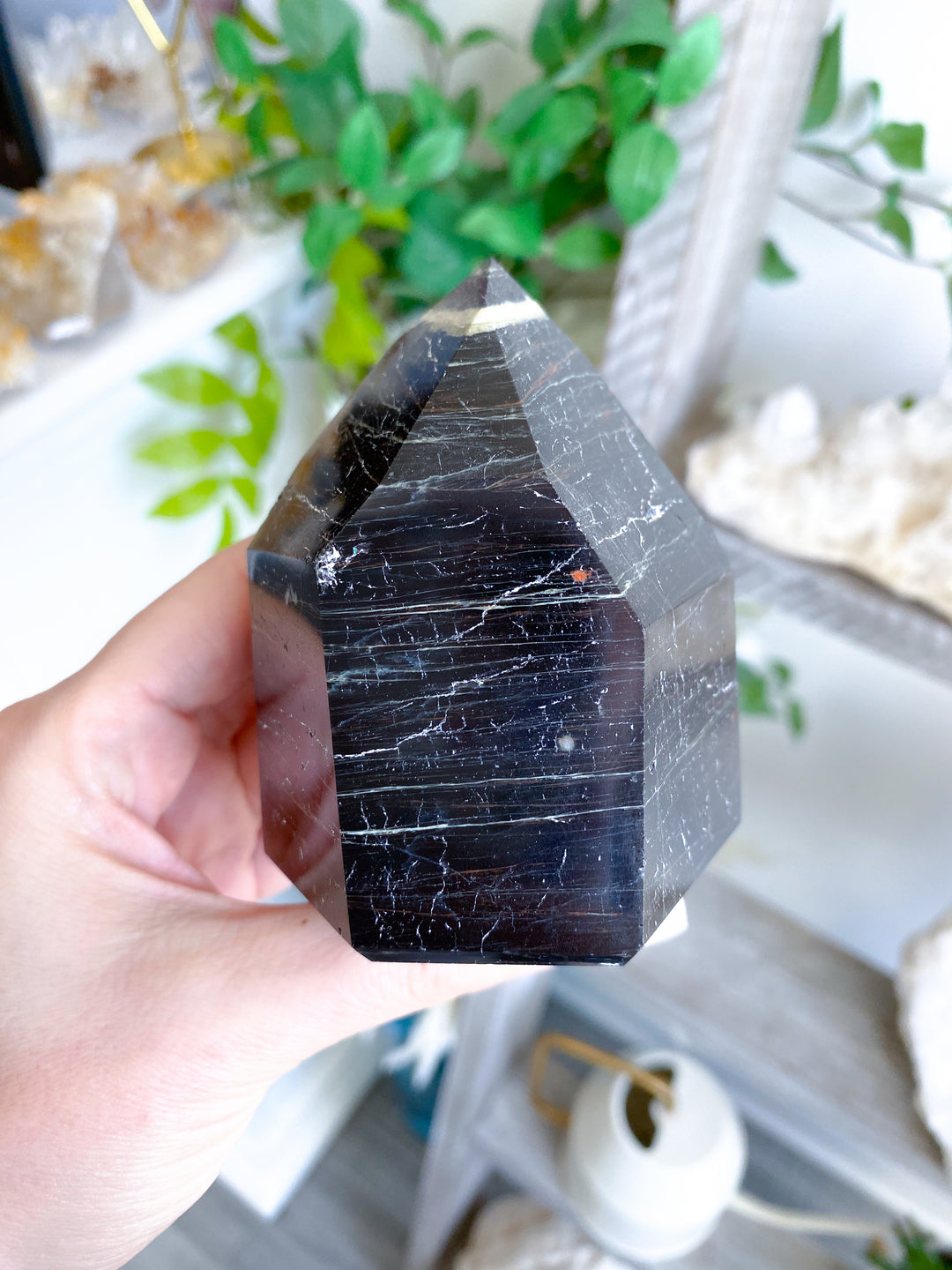 XL Chunky Black Tourmaline 6 Sided Tower with Hematite - Get Exact Item