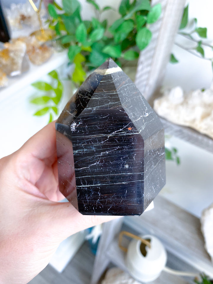 XL Chunky Black Tourmaline 6 Sided Tower with Hematite - Get Exact Item