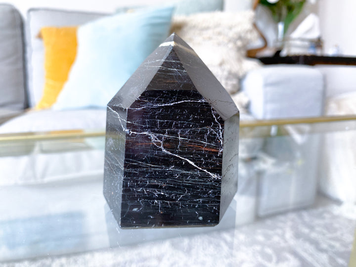 XL Chunky Black Tourmaline 6 Sided Tower with Hematite - Get Exact Item