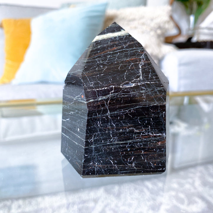 XL Chunky Black Tourmaline 6 Sided Tower with Hematite - Get Exact Item