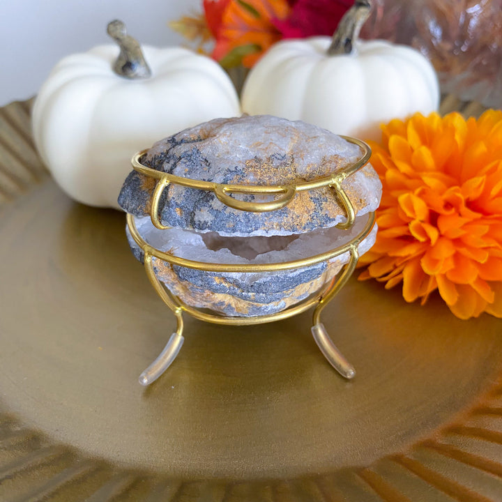 Calcite Geode Jewelry Box on Gold Stand 