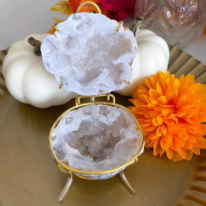 Calcite Geode Jewelry Box on Gold Stand 