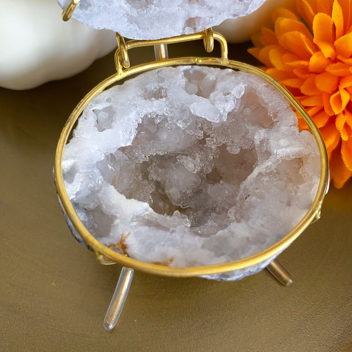 Calcite Geode Jewelry Box on Gold Stand 