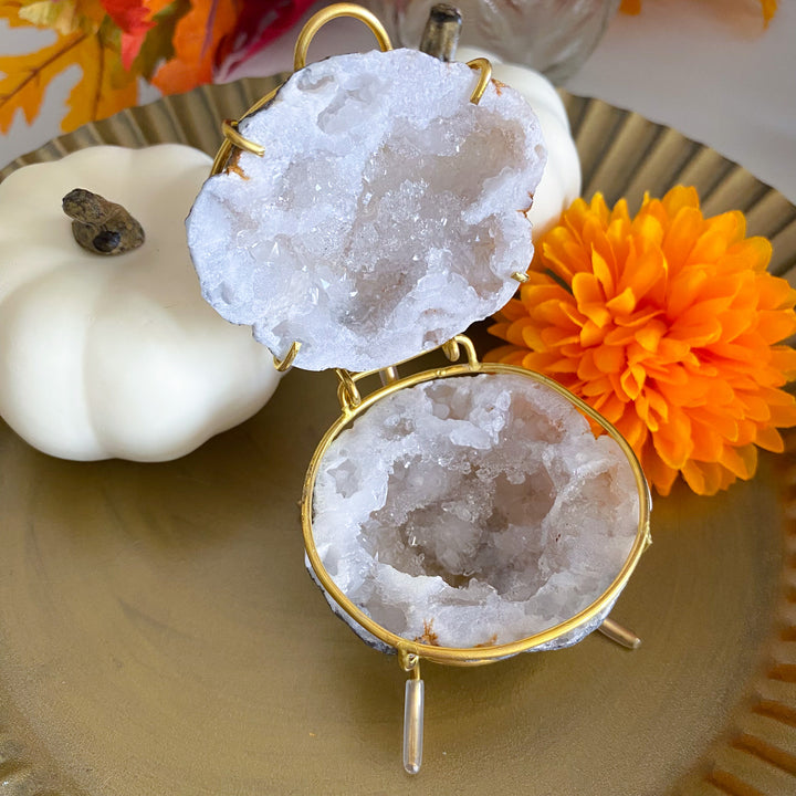 Calcite Geode Jewelry Box on Gold Stand 