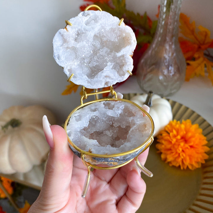 Calcite Geode Jewelry Box on Gold Stand 