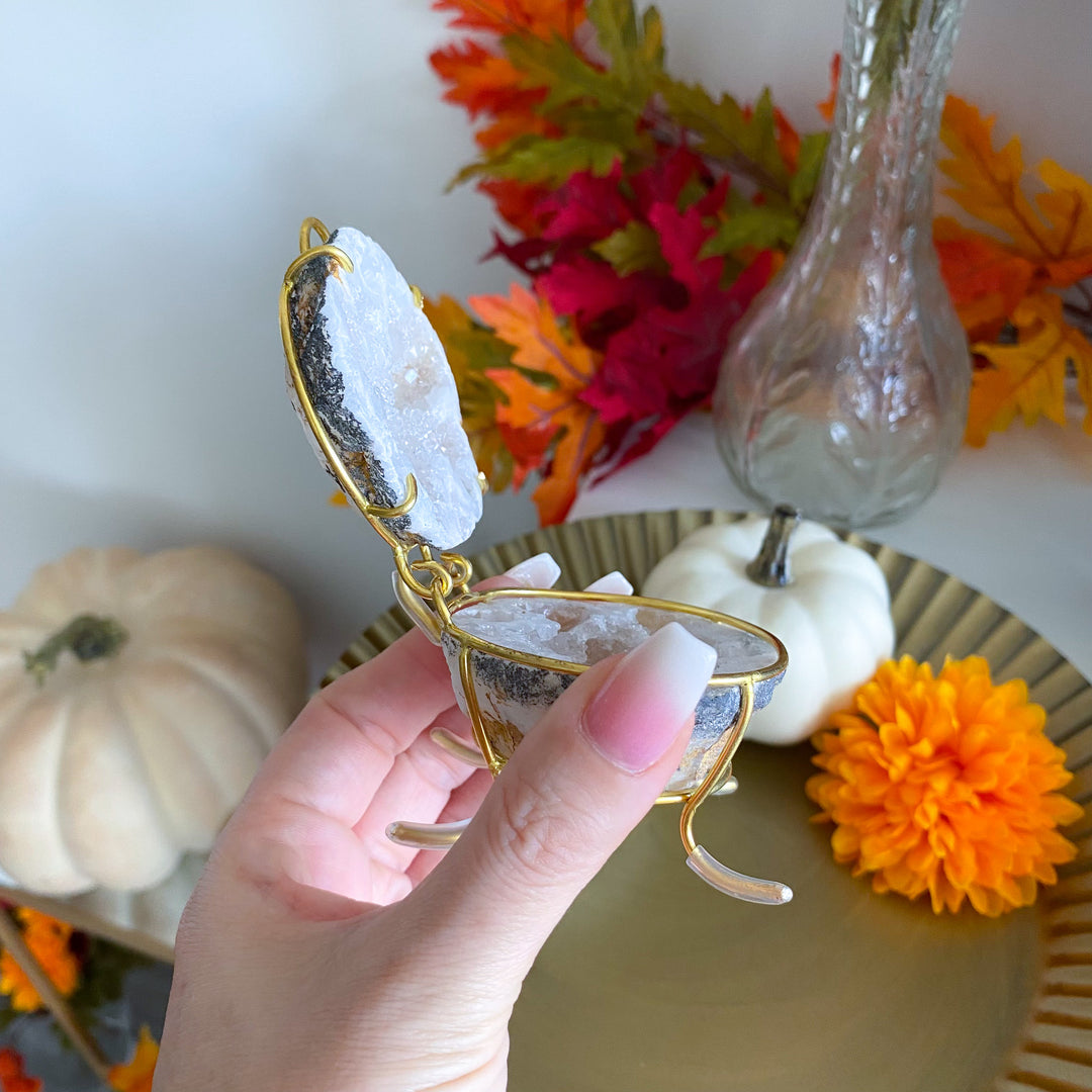 Gray Calcite Geode Jewelry Box on Gold Stand 