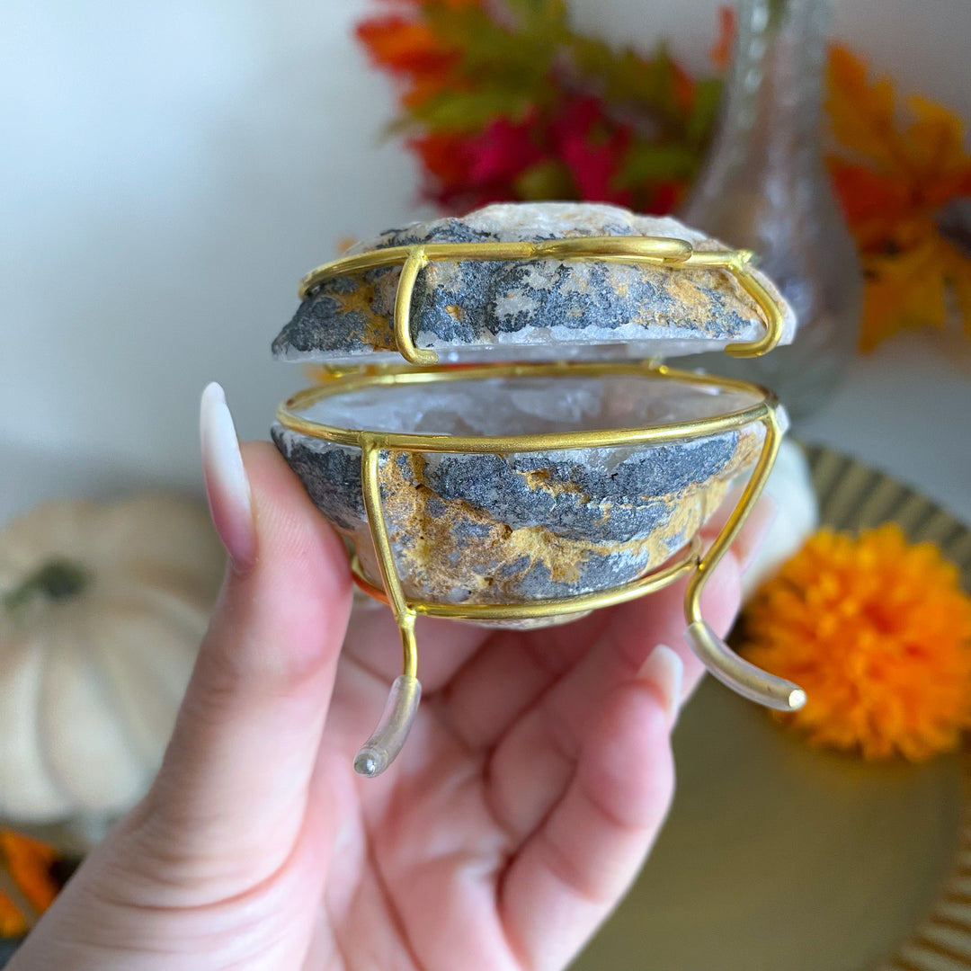 Gray Calcite Geode Jewelry Box on Gold Stand 