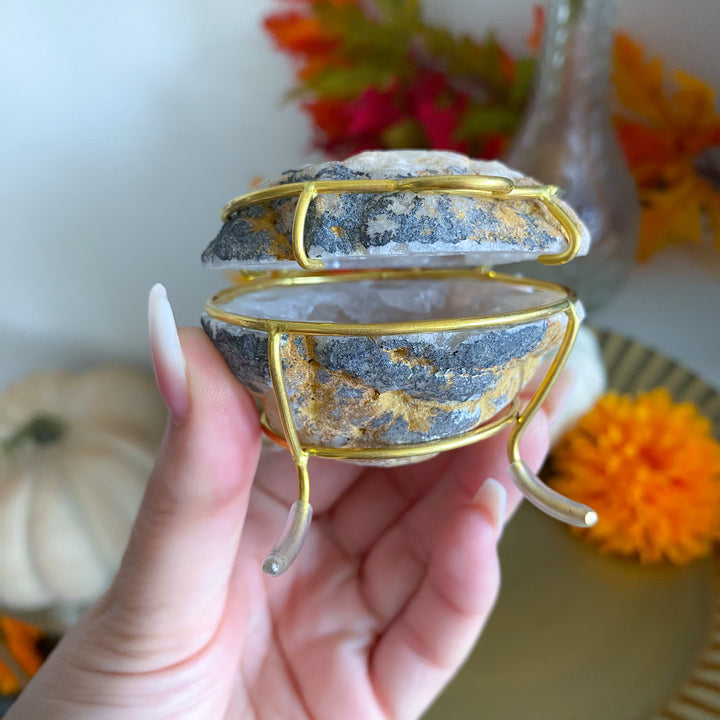 Gray Calcite Geode Jewelry Box on Gold Stand 